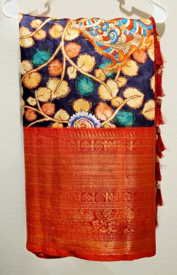 Punarviauthentic Preloved Sustainablenavy Blue Kalamkari Banaras Pattu