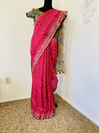 PunarviAuthentic|PreLoved|Sustainablebandini cotton silk saree with kalamkari  blouse