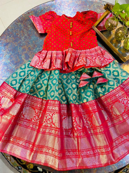 Red & Tan Pavada Pattu Lehenga Girls Indian Dress, KIDS HALF SAREE #19314 |  Buy Kids Pattu Pavada Online