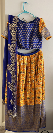 Picture of Blue & Yellow Banaras Patola Half Saree/Lehenga