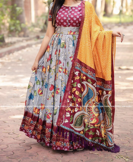 Brand new Festive Kalamkari long dress with leheriya dupatta