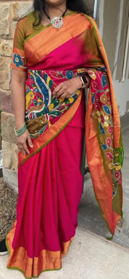 Picture of Pure Uppada Pattu Saree with Kalamkari Aplique Pallu