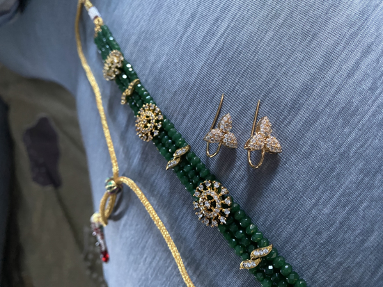 Picture of One gram gold CZ stones studded green bead choker and earrings
