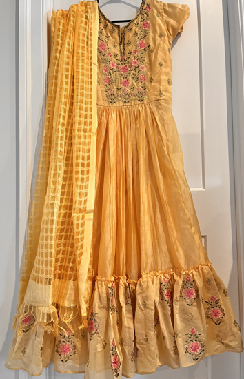 Picture of Pastel Yellow Long Party Wear Anarkali with Pink flower embroidery