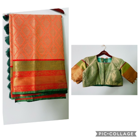 Picture of Green and orange fancy pattu saree