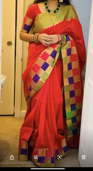 Picture of Beautiful Red saree with multi color border