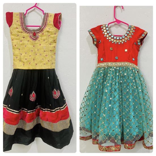 Picture of Red and teal frock,maggam work lehenga for 2-4 year old