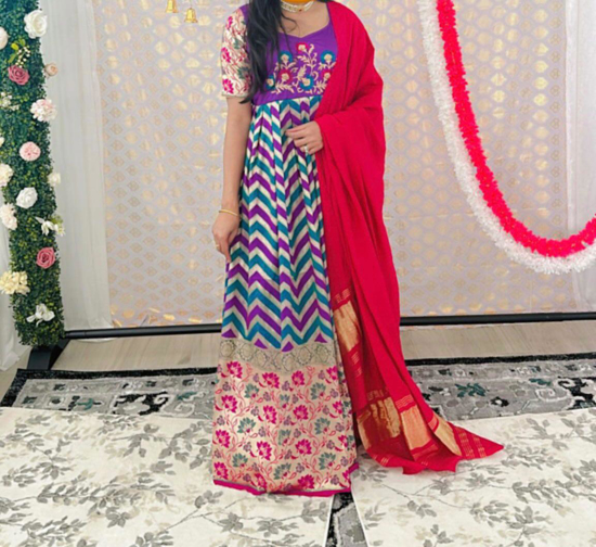 Picture of Banarasi long frock with paithani border and net dupatta