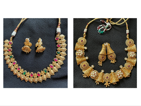 Picture of Matte finishing Lakshmi devi kasu neck set and temple jewellery with earrings