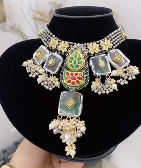 Picture of Oxidized pachi kundan necklace with matching kadas
