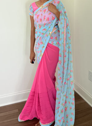 Picture of Floral georgette saree with puff sleeve blouse