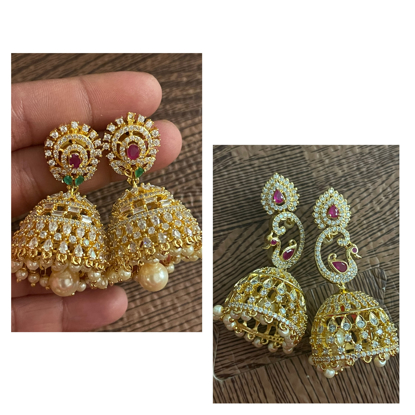 Golden peacock maroon dangler CZ earrings at ₹1650 | Azilaa