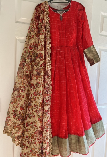 Picture of Tomato red long frock with Kalamkari dupatta