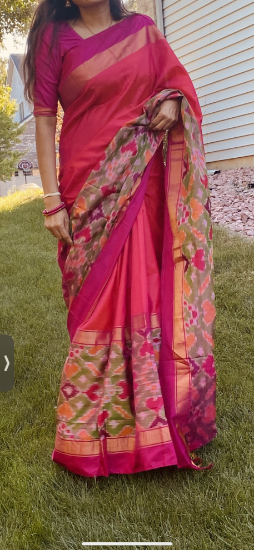 Picture of Magenta pink Kuppadam  saree with pochampalli Ning border  with blouse