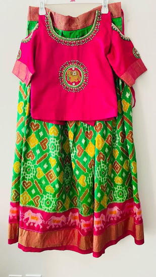 Picture of IKKAT pattu langa with maggam work blouse 8-9y