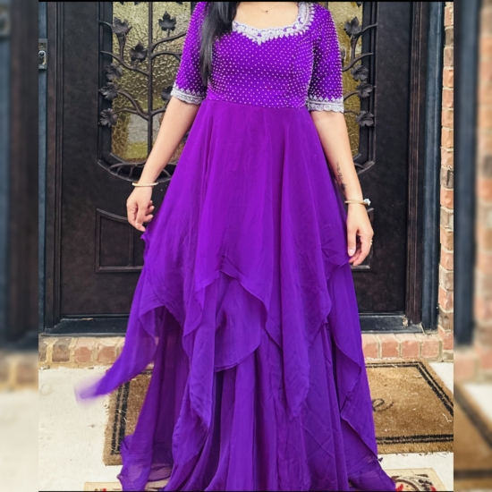 PunarviAuthentic|PreLoved|SustainableDesigner Purple Maggam work gown/dress