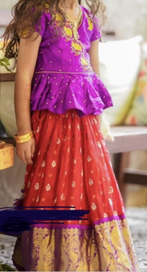 Picture of Bandhani silk lehenga with Kanchi border and A raw silk embellished purple blouse 6-8y