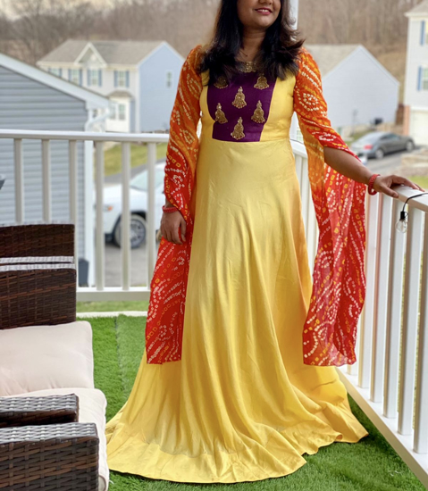 Picture of Yellow bandhani cape sleeves long dress