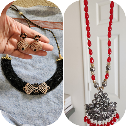 Picture of Combo: Tiny black beads choker set with beautiful matching earrings . Polki Maroon Beads mala with Antique pendent.