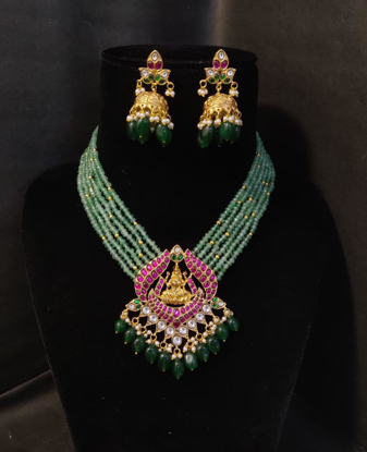 Picture of Green Oynx beads with lakshmi pendant -monalisa drops and jhumkas