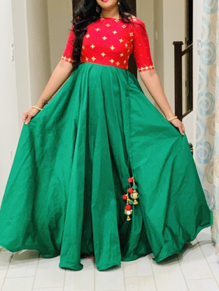 Picture of Green raw silk long dress