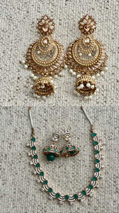 Picture of White and green stone neckpiece with jhumkas