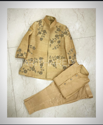 Picture of golden 3 pc sherwani with heavy maggam work 2-3y