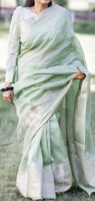 Picture of Sage green fancy pattu saree with fusion blouse