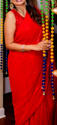 Picture of Red sequins saree with custom stitched sleeveless  blouse