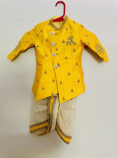 Picture of Beautiful Mustard Yellow Raw silk Kurtha 1-2y