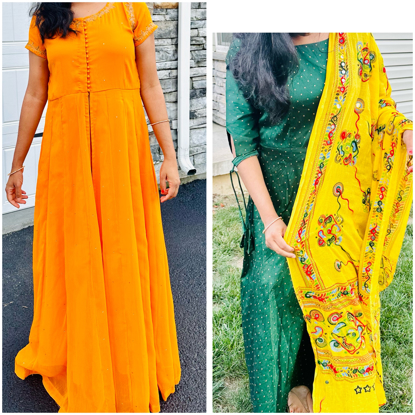 Picture of Combo dresses green long frock with duppta and orange color frock