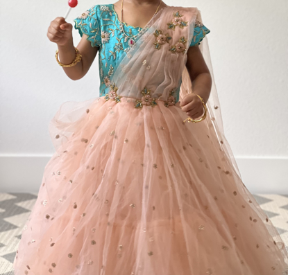 Picture of Peach and sea blue half saree long frock 2-4y