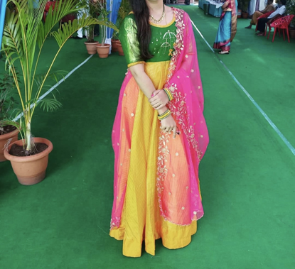 Picture of Kanchi pattu Green and yellow long frock/dress