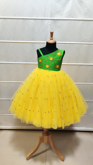 Picture of Lemon yellow and Green long frock 1y