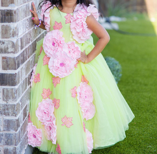 Picture of PL571 Floracent green long tule dress with 3d ink flowers 5-6y