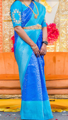 Picture of PL579 Royal blue and light blue pattu saree with jardosie blouse