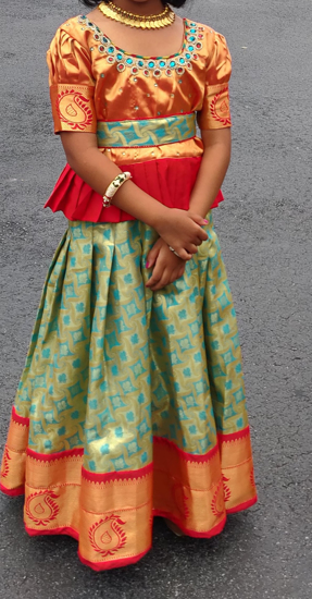 Picture of Traditional Pattu Langa with Maggam Work blouse,hip belt 6-8y