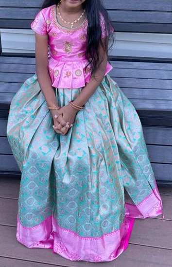 Picture of Blue and pink semi pattu lehenga with work blouse 6-8 yrs