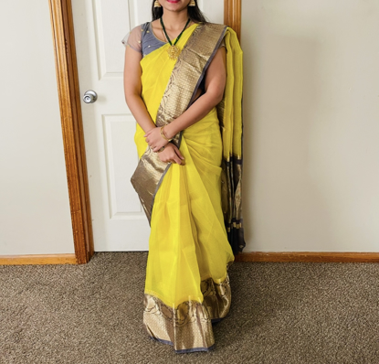 Picture of Lemon yellow with gray pattu organza saree