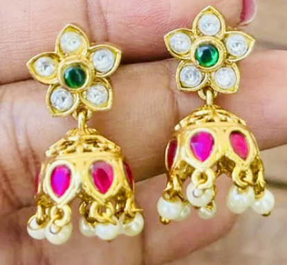 Picture of Real jadau kundan flower jhumkas - super trendy and classy with Swarovski pearl drops. Must have collection