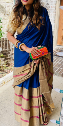 Picture of Navy blue antique gold border saree