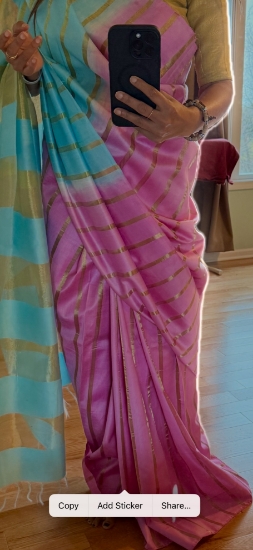 Picture of Blue and pink striped  tissue  silk saree with golden tissue blouse