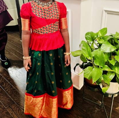 Picture of Green and red semi pattu langa 4-5y