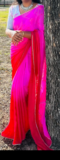 Picture of Pink shaded pure chinnon saree with lotus printed embroidered  blouse