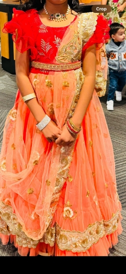 Picture of Party wear lehenga with attached dupatta and red zardosi waist belt 8-10y 