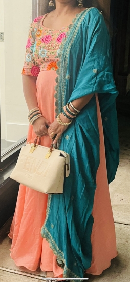 Picture of Pure crepe hand embroidery long frock with crepe zardosi work dupatta 