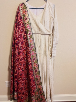 Picture of Angrakha style chikankari frock with patola dupatta
