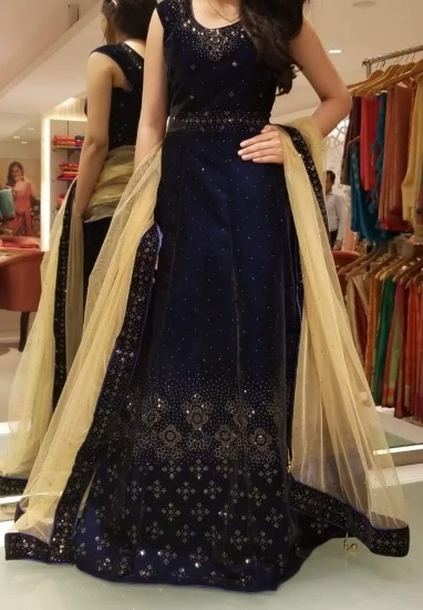 Picture of Manyavar blue velvet Party wear gown 