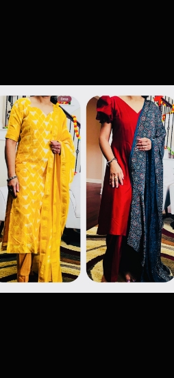 Picture of Combo Pure Ajrakh and Maheswari Pattu 3 pc straight suit sets 