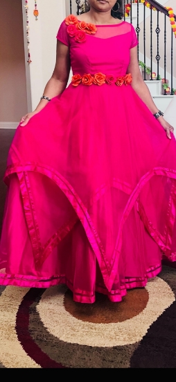 Picture of Designer Hot pink organza  indo western Layered long gown 
